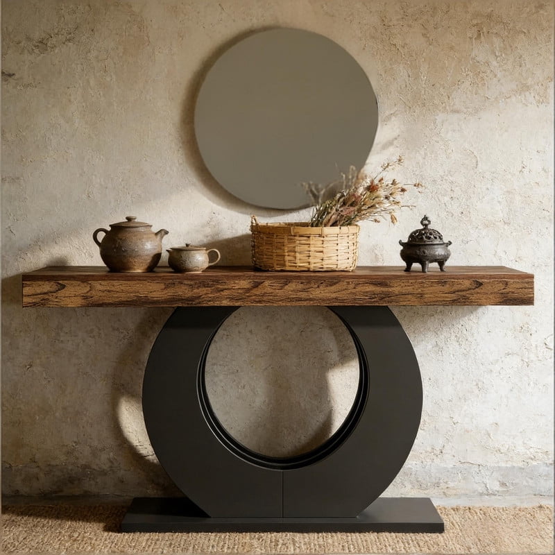 Curved Base Accent Entryway Table, Wooden Console Table with Wide Tabletop, Side Sofa Table with Circular Pedestal