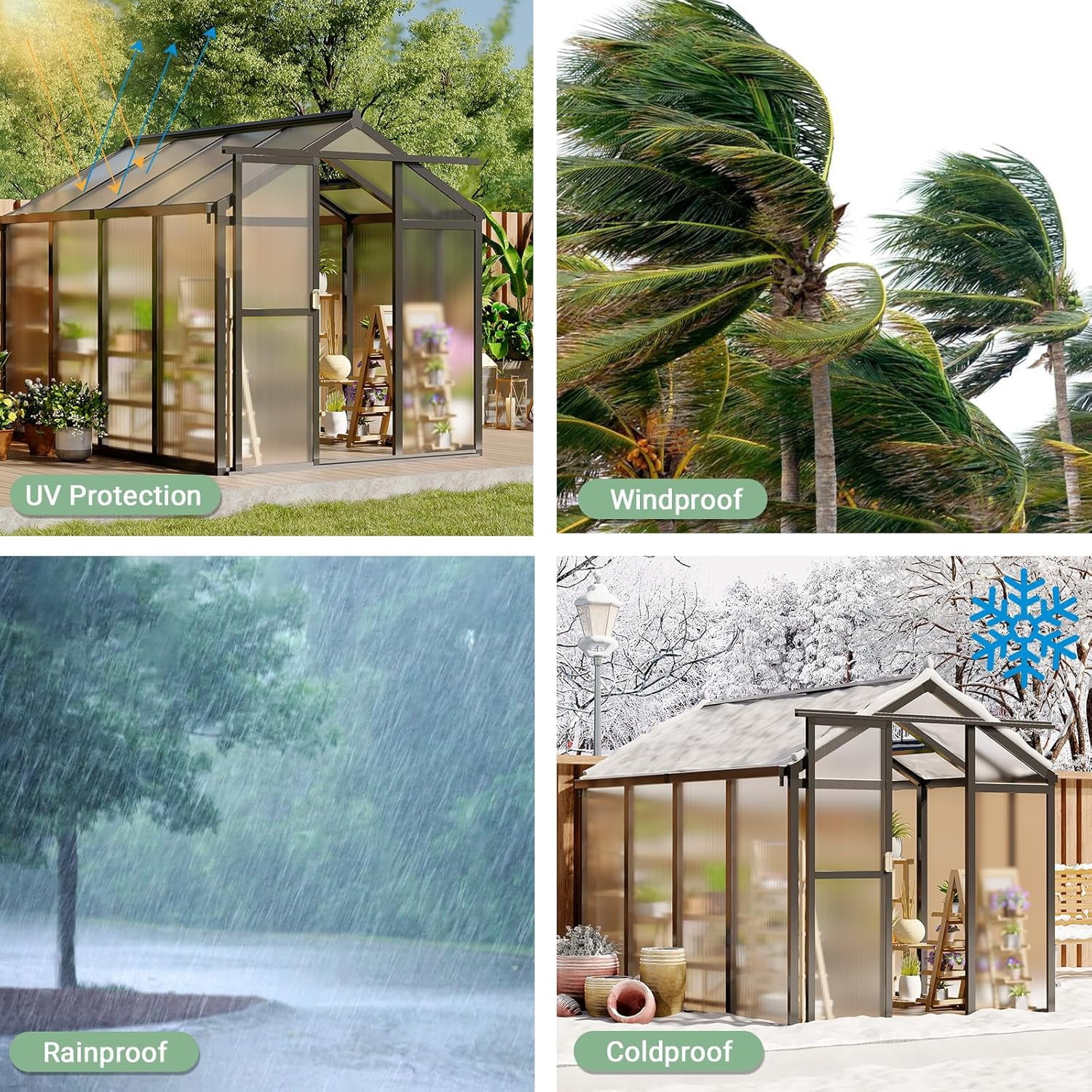 6x8 FT Walk-in Greenhouse for Outdoors – Aluminum Frame, Polycarbonate Panels, Roof Vent, Rain Gutter, Sliding Lockable Door, Easy Setup for Garden & Backyard, Black