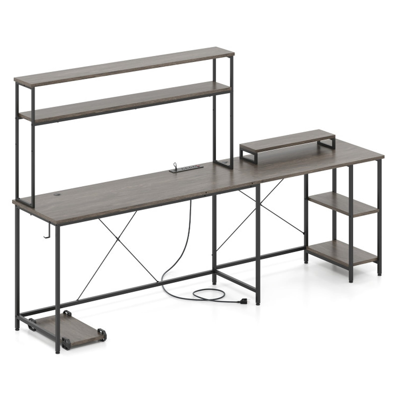 Furnibear L Shaped Reversible Gaming Desk with LED Strip and Power Outlets Hutch Monitor Stand, Gray