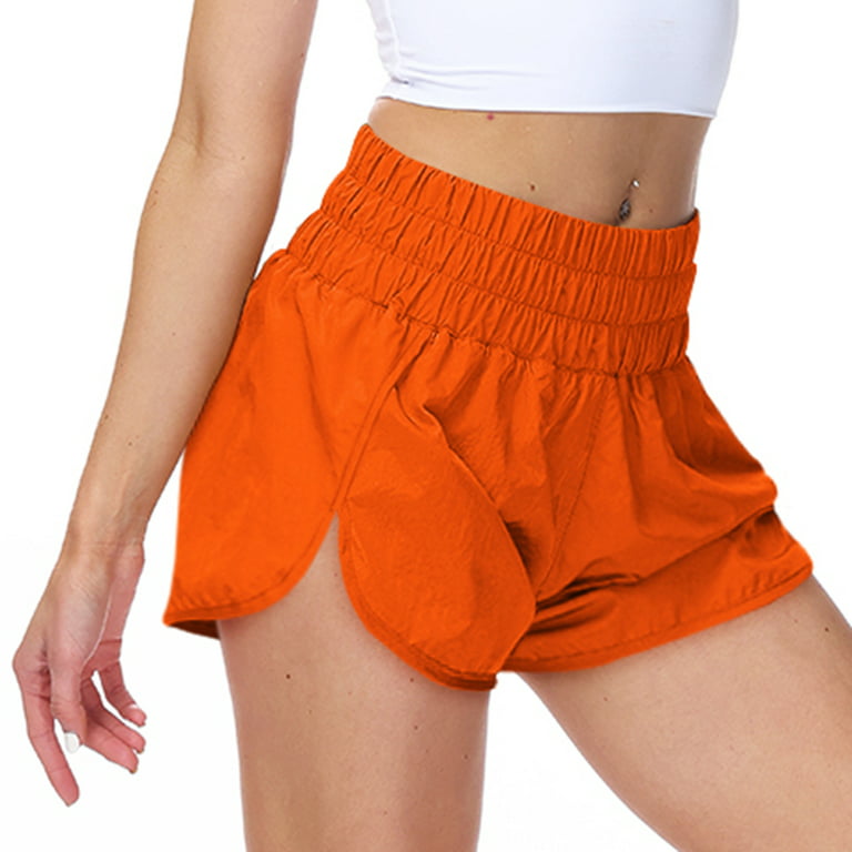 SWSMCLT Women's Elastic High Waisted Athletic Shorts Gym Workout with  Pockets Casual Lightweight Running Smocked Quick Dry Summer Beach Orange  Medium 