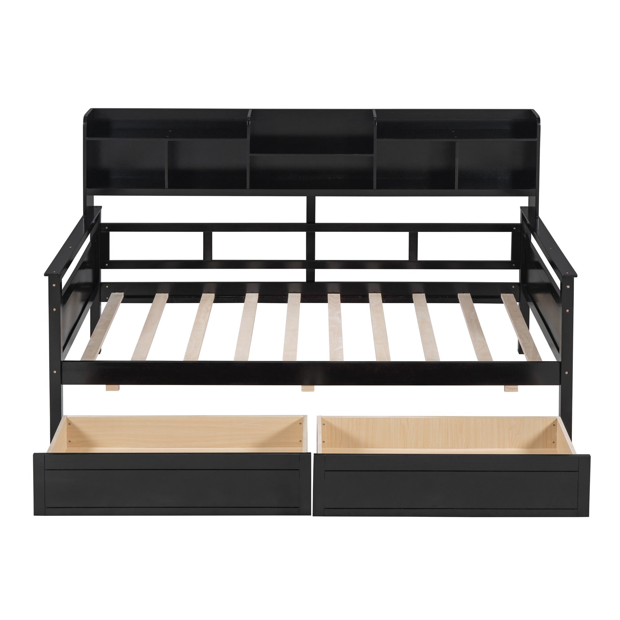 AENKYO Twin Size Wooden Daybed Bed Frame with 2 Storage Drawers and Headboard Shelf, Solid Wood Sofa Bed, Black