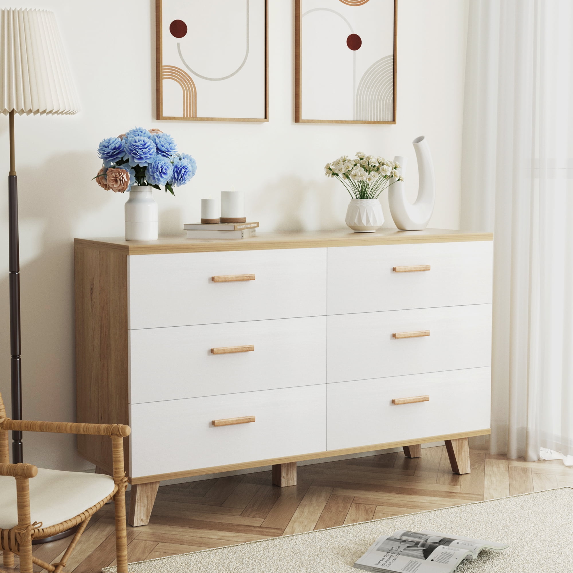EYIW Modern 5 Drawers Wood Dresser with Solid Wood Handles, Foot