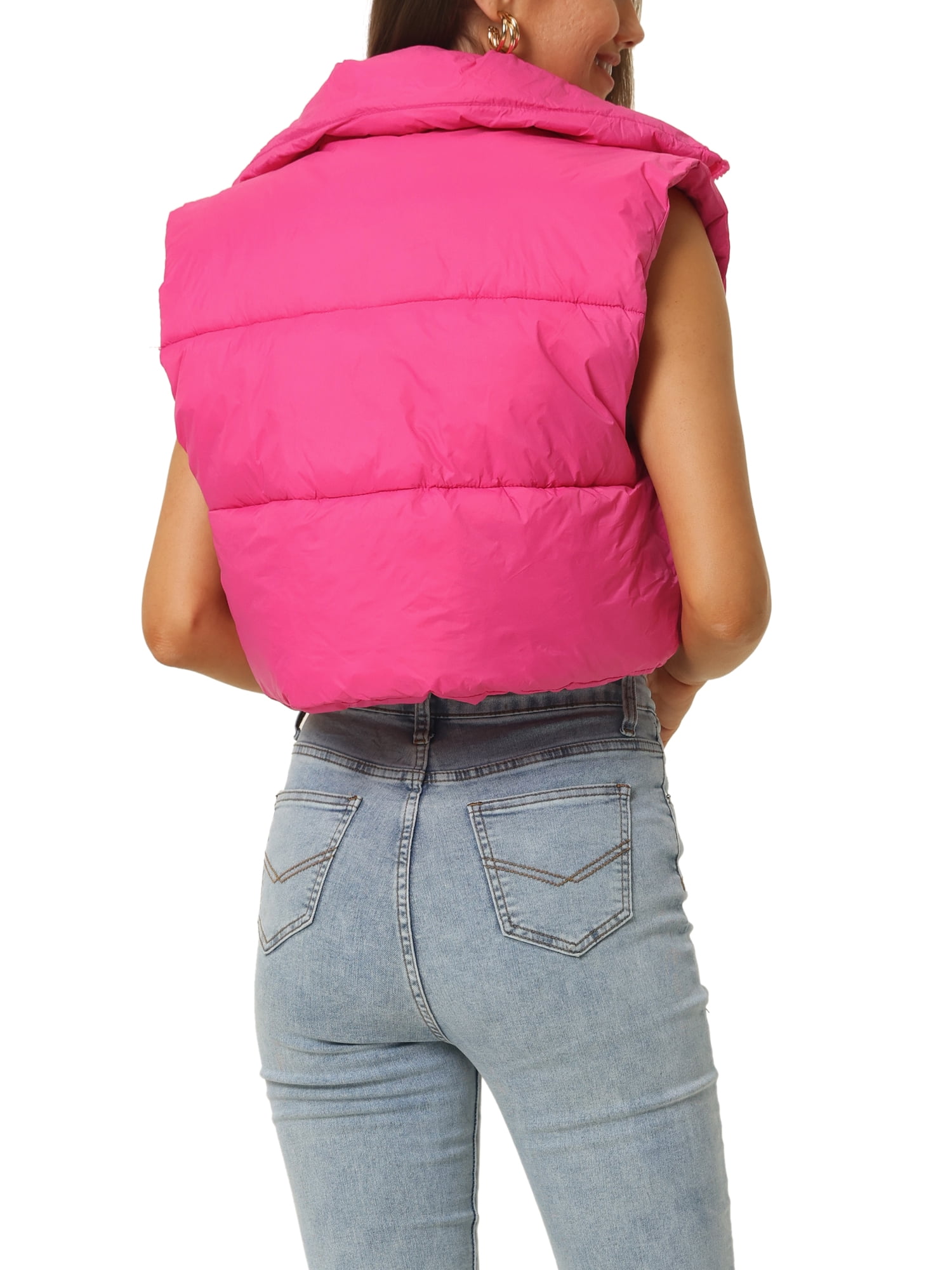 Unique Bargains Women's Padded Vest High Stand Collar Zip Crop Fashion Jacket Puffer Vests XL Hot Pink