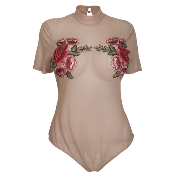 eVogues Women's Sexy Sheer Mesh Bodysuit Nude Floral Print 1772