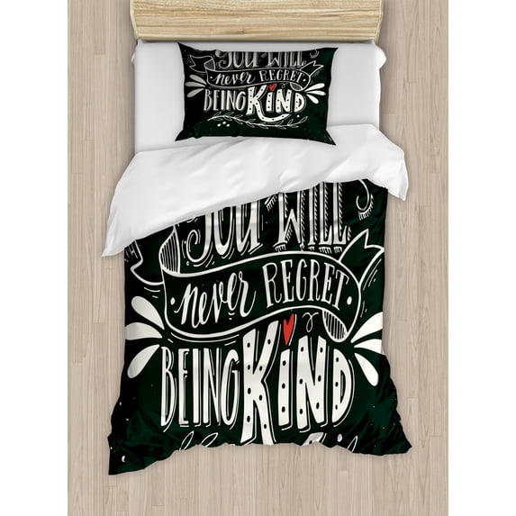 Quote Duvet Cover Set Twin Size, Hand Written You Will Never Regret Being Kind Ink Splatter Backdrop, Decorative 2 Piece Bedding Set with 1 Pillow Sham, Dark Green White Vermilion, by Ambesonne