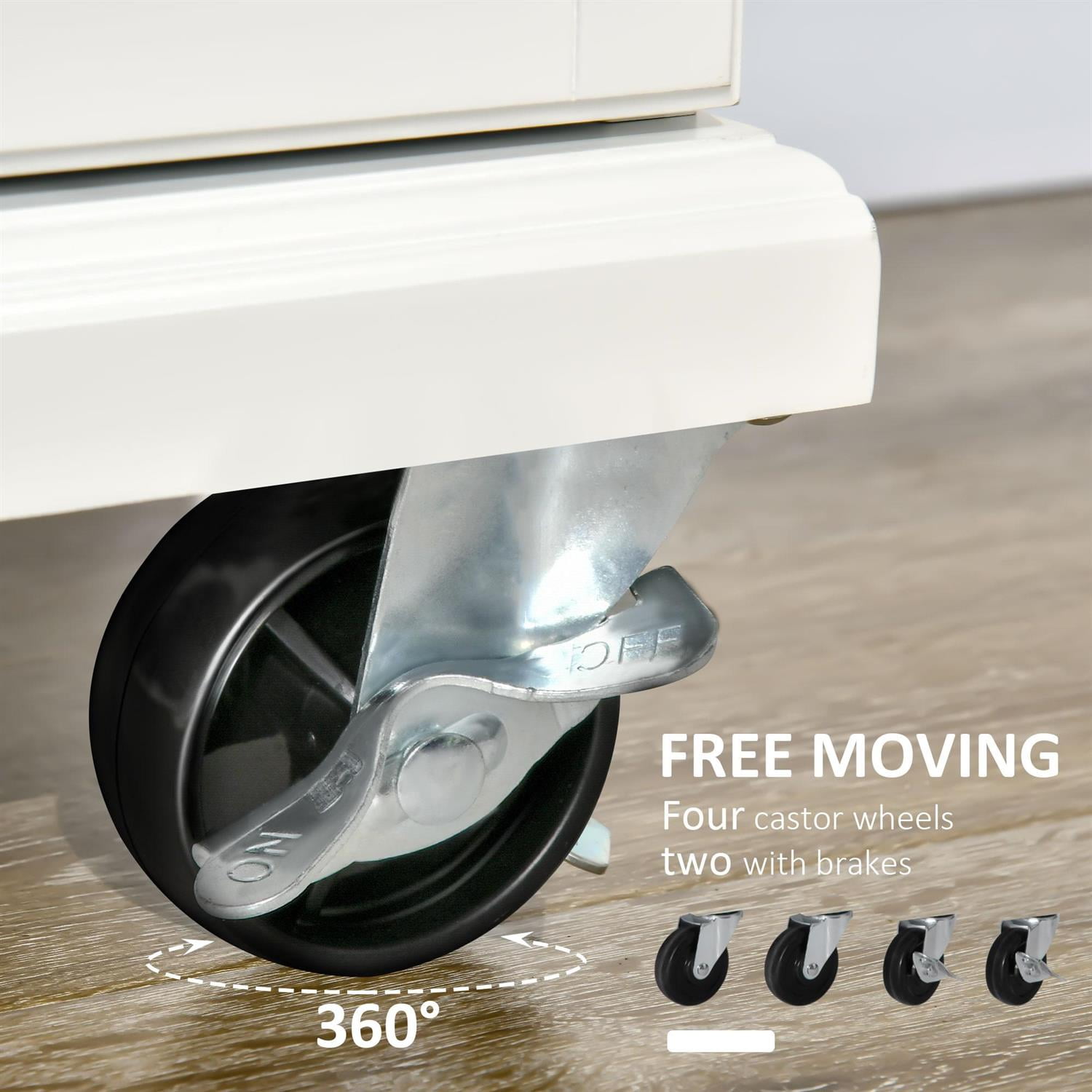 Demi Bonn 47" Kitchen Island with Drop Leaf Design, Trolley Cart & Wheels, Drawer Cabinet & Towel Rack, Natural Wood Top & White Finish for Modern Homes