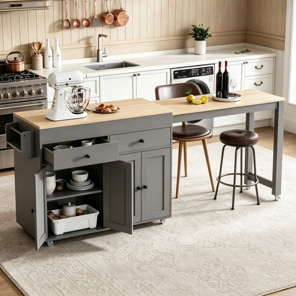 DEALTOPS 74.5" Mobile Kitchen Island Table on Wheels with Extendable Dining Top & Cabinet Storage, Gray