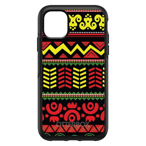 DistinctInk OtterBox Symmetry Custom Case for Apple iPhone 15 (6.1" Screen) - Black Yellow Red Aztec Tribal - Tempered Glass Back
