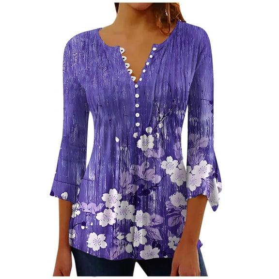 Htigea Trendy 3/4 Sleeve T Shirts for Women Floral Printed Buttons Pleated Casual Tunic Top Blouse Loose Pullover Tees Purple,S