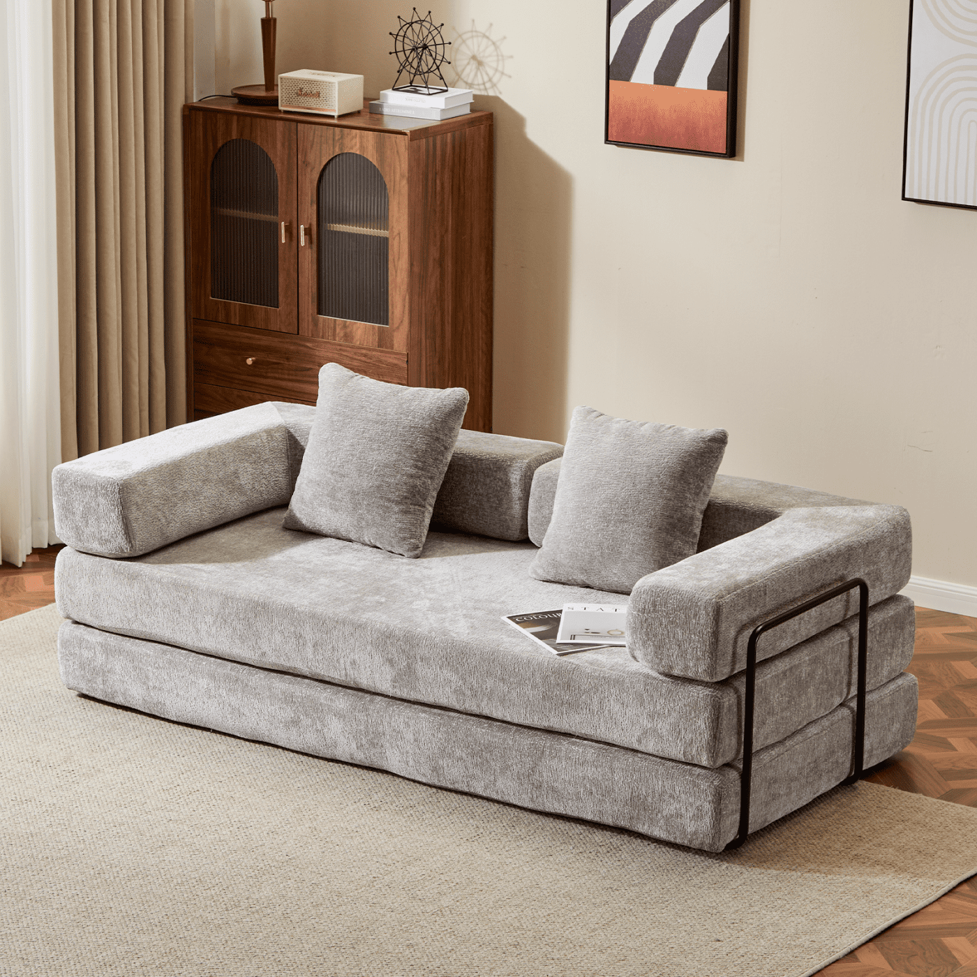 Convertible Sleeper Sofa Bed with Pillows, Chenille Folding Mattress Couch with Fixed-Shape Frame, Floor Sofa Bed Couch for Living Room Bedroom Lounge,Light Gray+Chenille