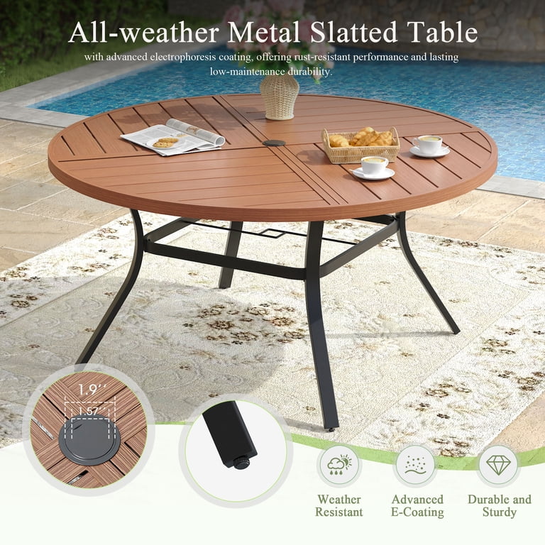 60 round patio table with umbrella hole Vicllax 60" Dining for 8, Metal Outdoor Dining Table for Garden Lawn Balcony Deck, Grey ensuring quick draining after rain DIFY Gray 60 in. Round