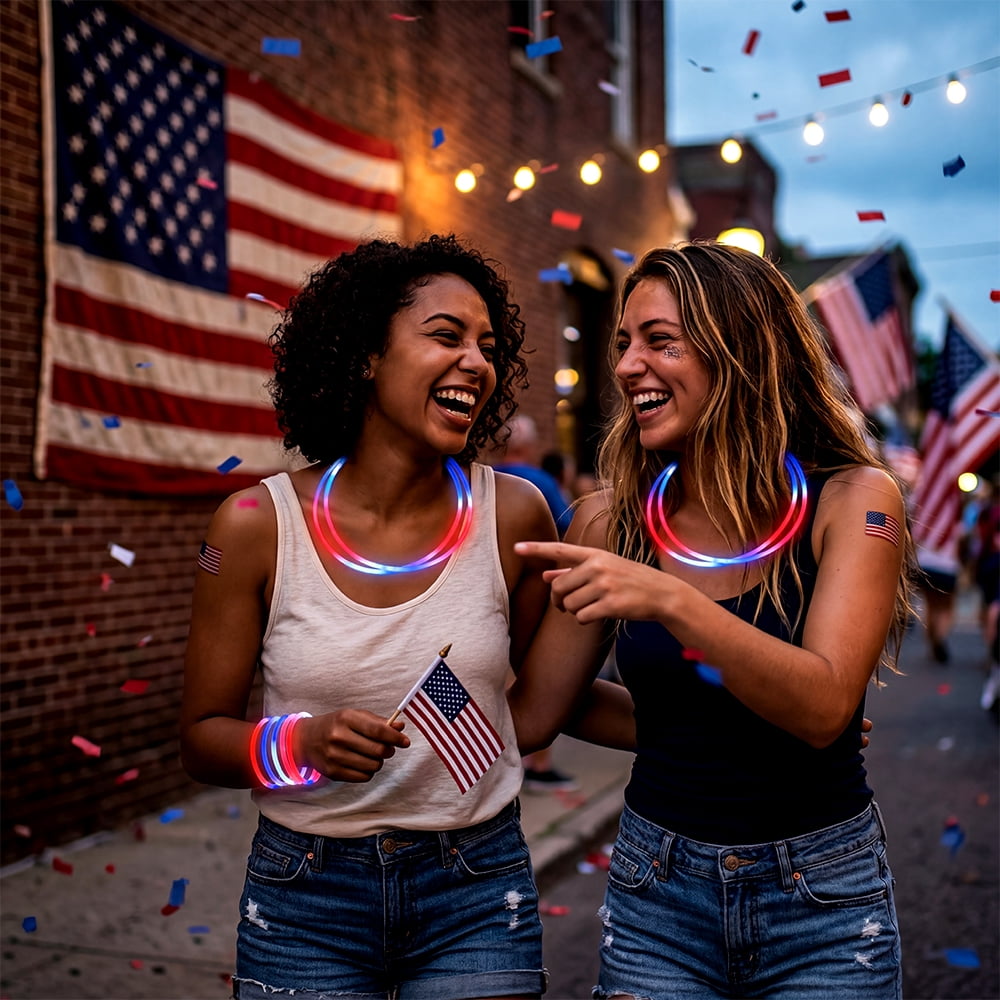 Joyfy 72 Pcs 4th of July Glow Sticks Bulk with Connectors, Red White Blue 3 Colors in 1 Glitter Sticks for Kids and Adults to Make Bracelets and Necklaces, Party Favor Supplies For Independence Day