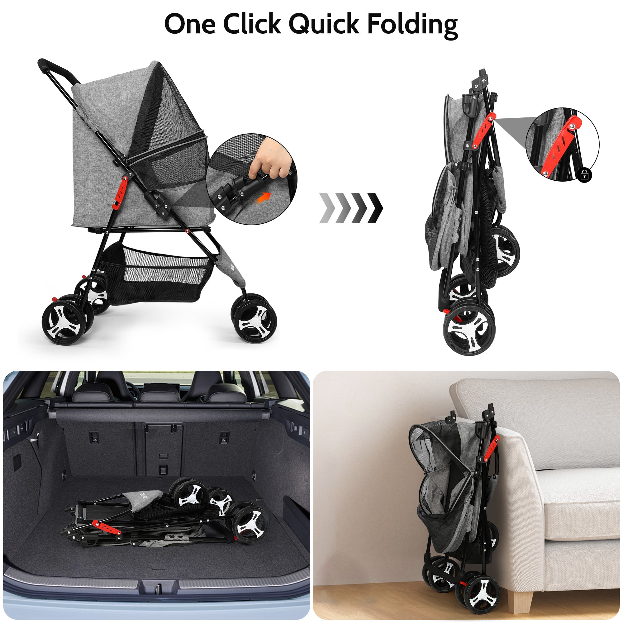 ZOOLIKE 3 Wheel Pet Stroller, Foldable Jogging Travel Carrier for