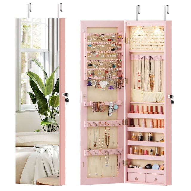 Costway Mirrored Wall & Door Mounted Jewelry Cabinet Storage Organizer with Lights&Drawer Pink