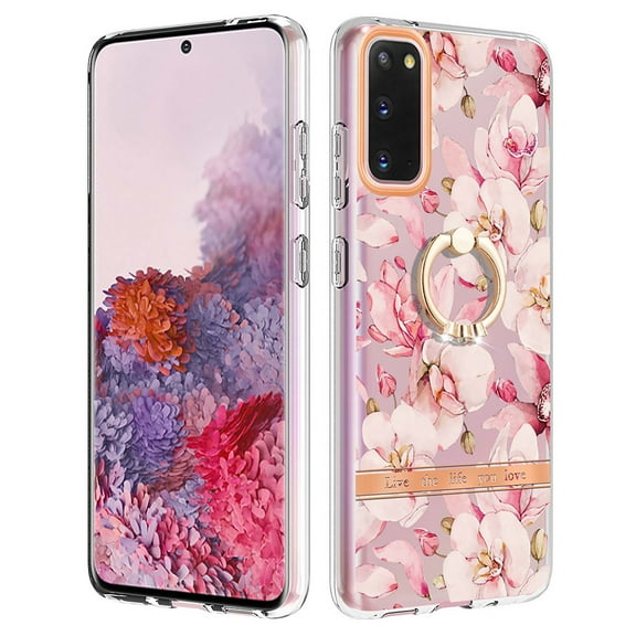 Allytech Floral Design Series Slim Shell Ring Holder Kickstand Shockproof Soft TPU Back Cover Cell Phone Case for Samsung Galaxy S20 Plus,Pink Flower