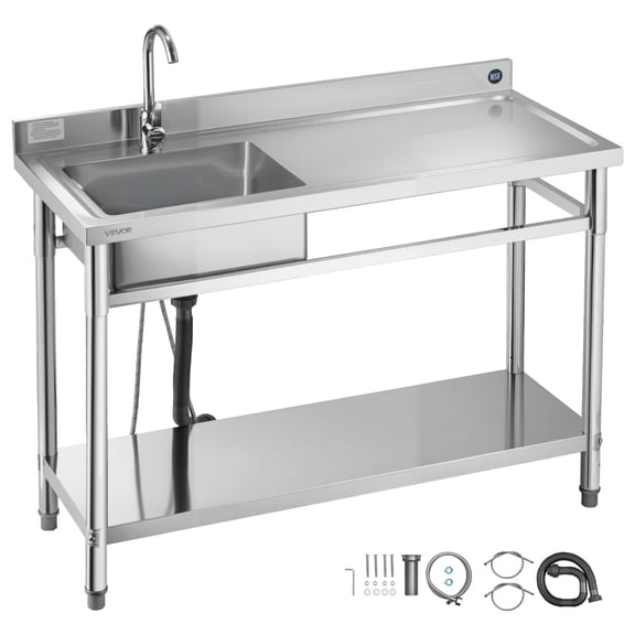 VEVOR Stainless Steel Utility Sink, Free Standing Single Bowl Commercial Kitchen Sink with Faucet, Utility Right Basin Workbench with Hot & Cold Water Pipe for Garage Restaurant Laundry,47x19.7x37 in