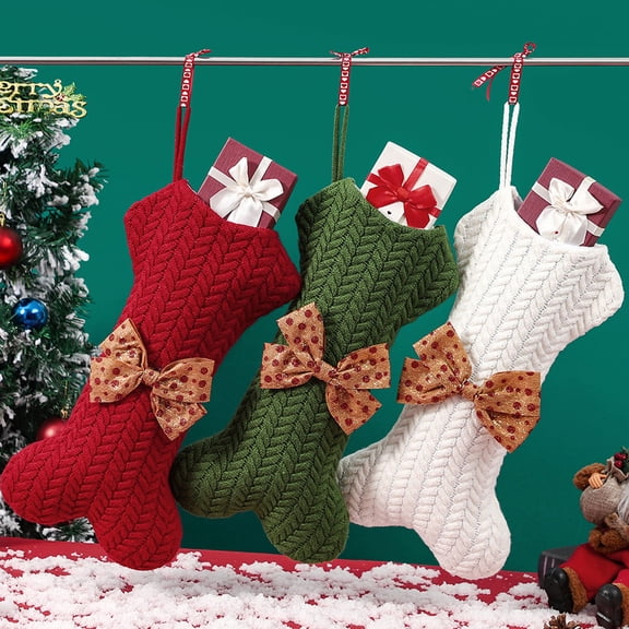 HOOWIFFY White Knitted Dog Bone Christmas Stocking for Tree Hanging Holiday Decor