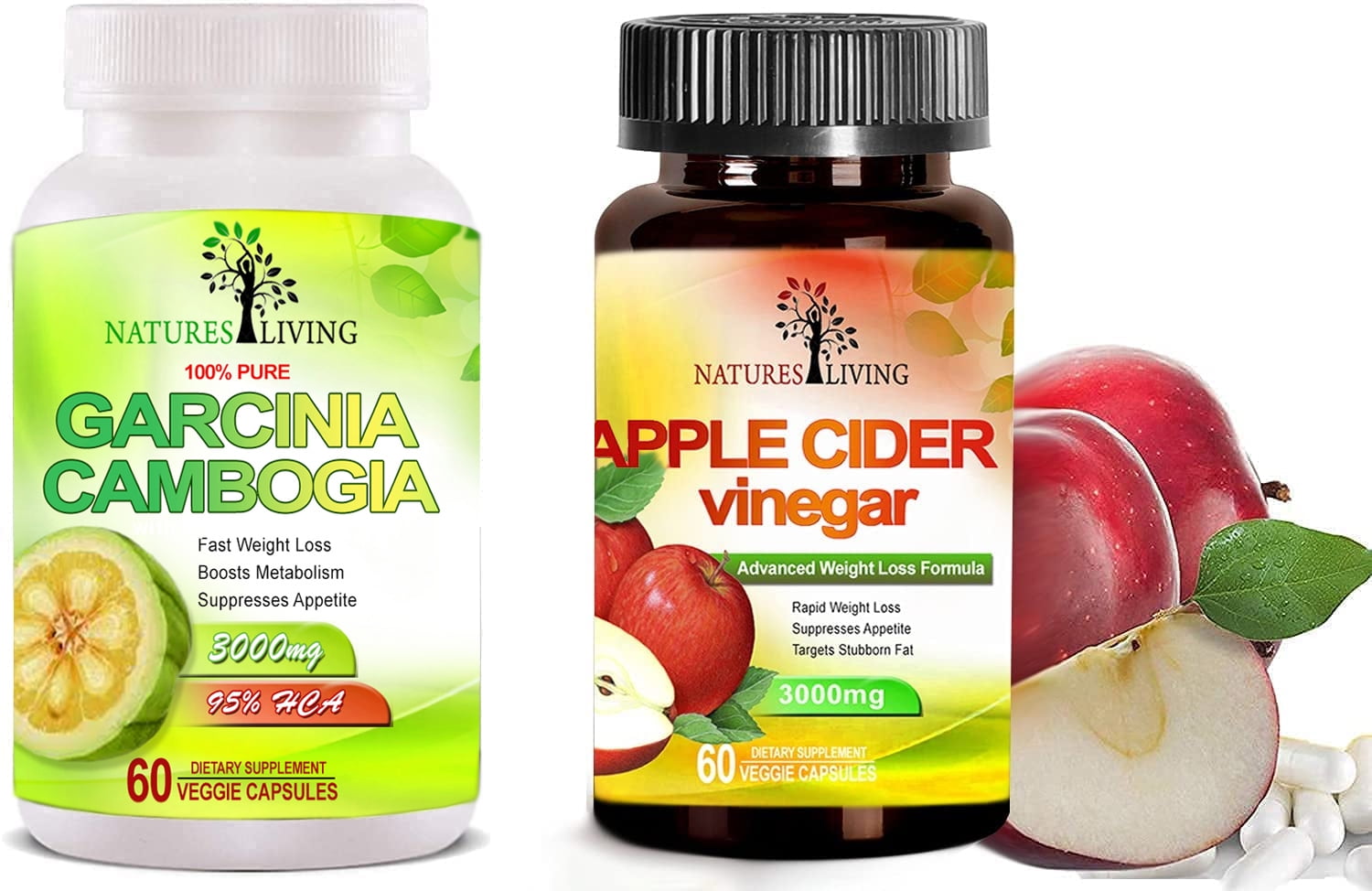 Natures Living Apple Cider Vinegar 3000mg & HCA 95% Garcinia Cambogia Appetit Suppressor (Pack of 2)