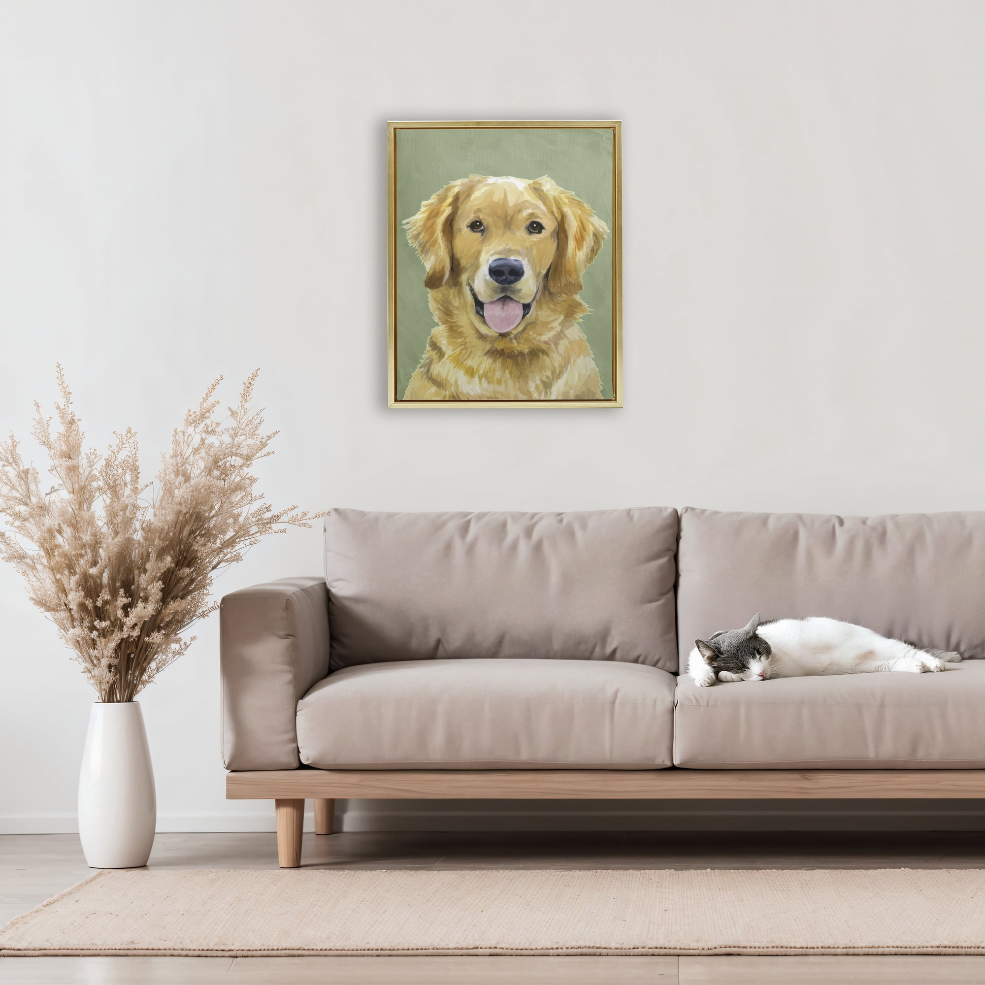 Stupell Industries Smiling Golden Retriever Portrait Gold Framed Floater Canvas Wall Art, design by Lil' Rue