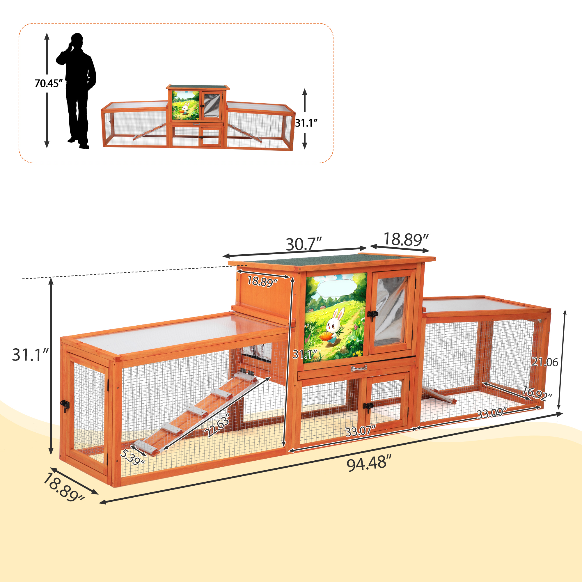 Insulated Outdoor Wood Rabbit Hutch, Weatherproof Large Bunny Cage with Runs Orange with Colorful Patterns