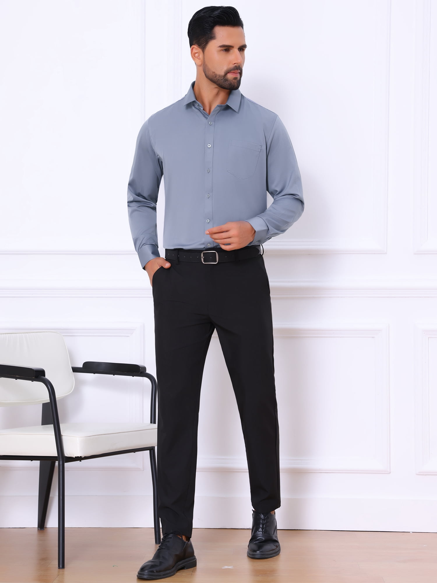 Unique Bargains Men's Long Sleeve Regular Fit Business Button Down Formal Shirt S Grey