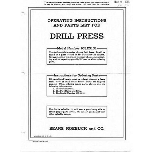 1955 Craftsman 103.23131 15" Drill Press-Operating Instructions & Parts List REPRINT