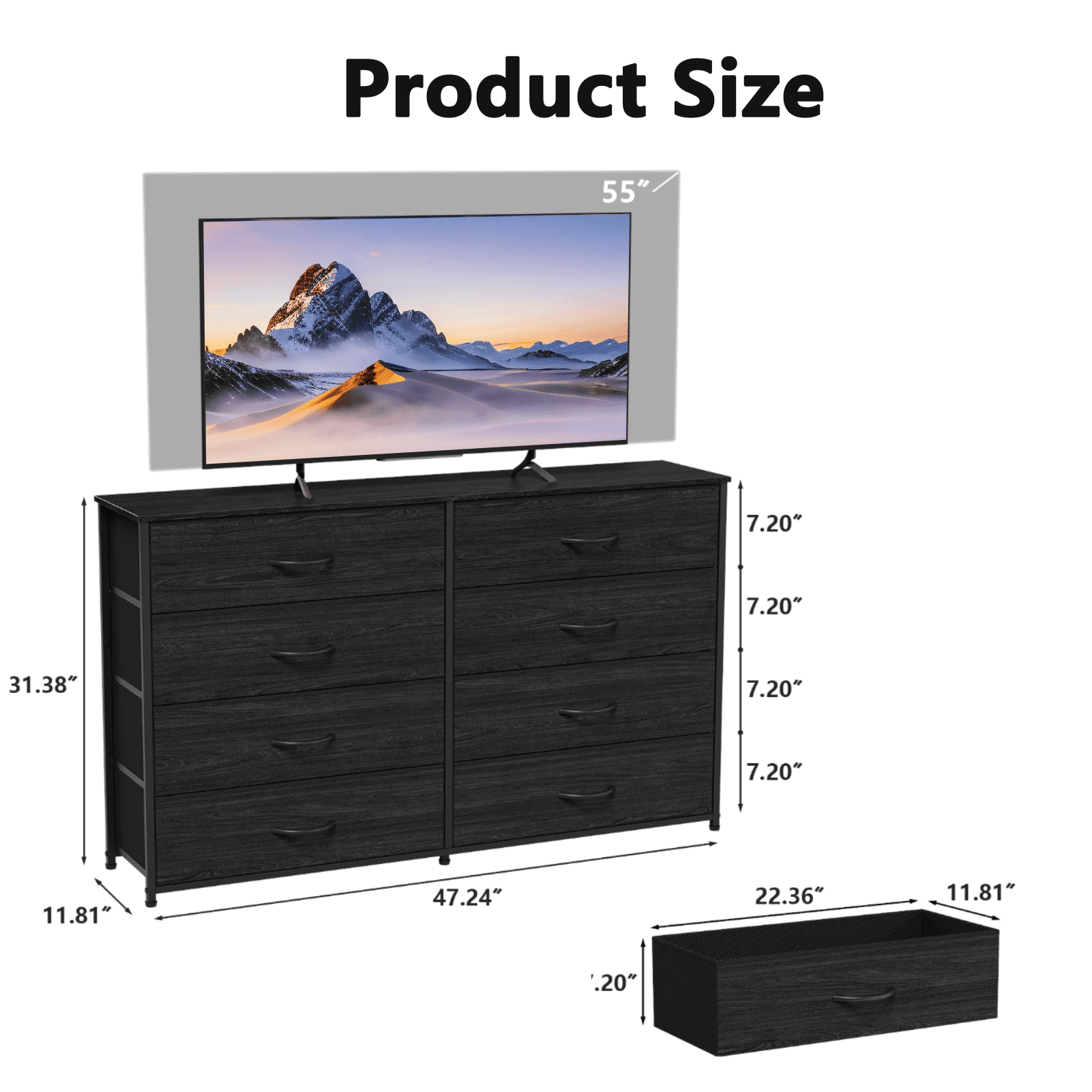 Tydimor Black 8 Fabric Drawers Dressers for Bedroom Wide Dresser TV Stand for 55" TVs, Chest of Drawers