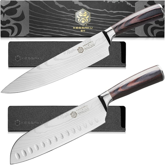 Kessaku 8-Inch Chef & 7-Inch Santoku Knife Set - Samurai Series - Forged High Carbon 7Cr17MoV Stainless Steel - Pakkawood Handle with Blade Guards