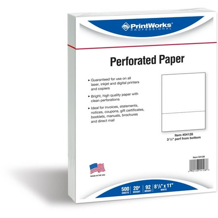 Printworks, PRB04128, Pre-Perforated Paper for Invoices, Statements, Gift Certificates & More, 500 / Ream, White