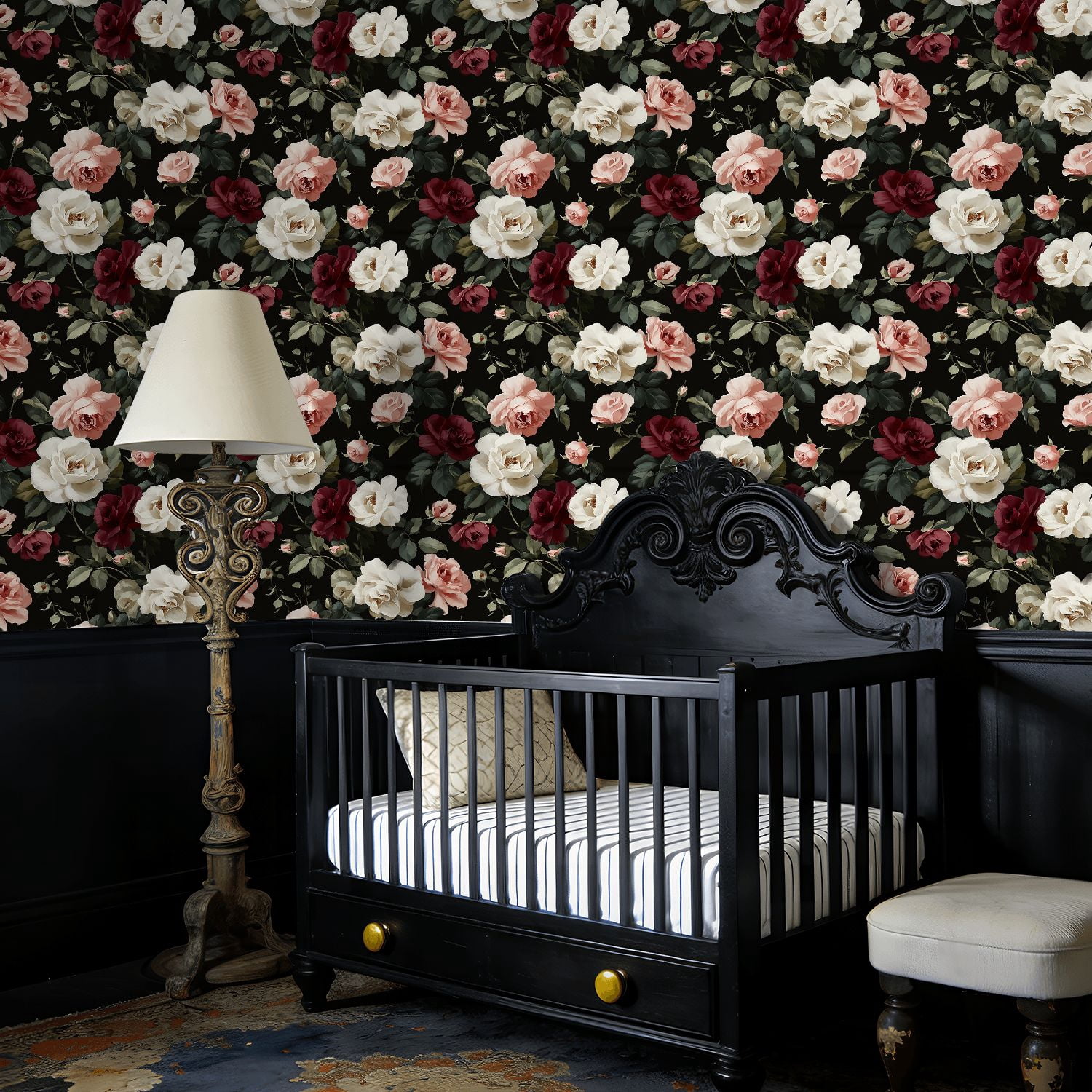 Peel and Stick Wallpaper Vintage Floral White Pink Red Roses Black Wall Mural 17.7in x 9.8ft Self Adhesive Removable Wall Paper Renter Friendly Wallpaper for Nursery Bedroom Cabinets