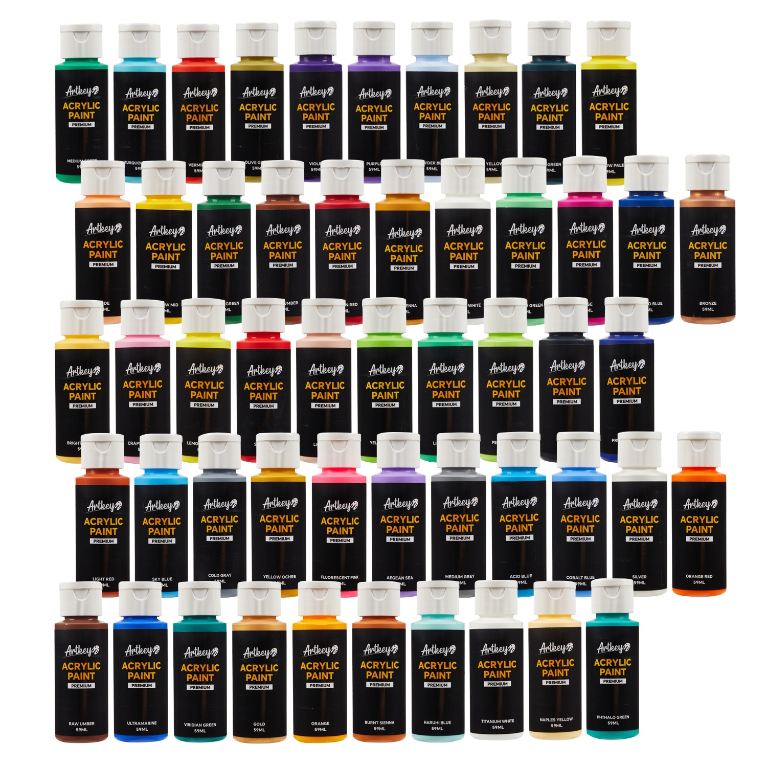 Artkey Acrylic Paint Set - 52 Colors 2 oz/59 ml Acrylic Paints Professional Artists Painting Kit for Canvases Fabric Rock Leather Easter Egg Wood Ceramic Glass