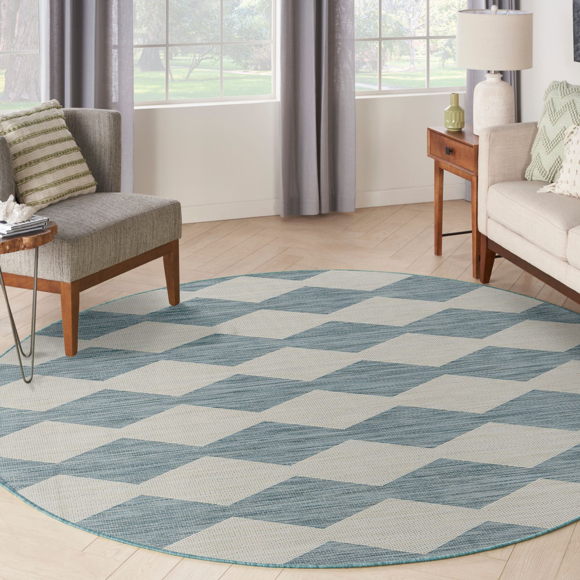 Nourison Positano 8' x Round Aqua Diamond Modern Flatweave Indoor/Outdoor Rug
