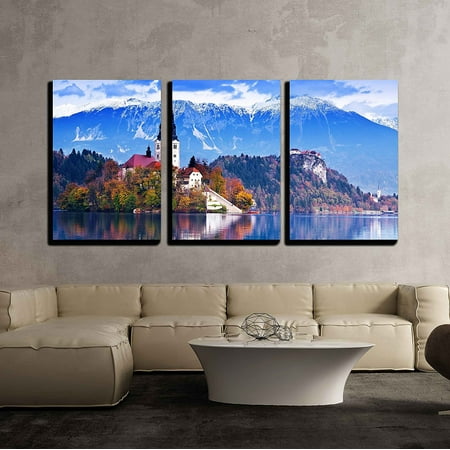wall26 - 3 Piece Canvas Wall Art - Bled with lake, island, castle and mountains in background, Slovenia, Europe - Modern Home Decor Stretched and Framed Ready to Hang - 24