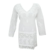 Mogul Womens Tunic Top White Cotton Paisley Embroidered  Shirt Blouse