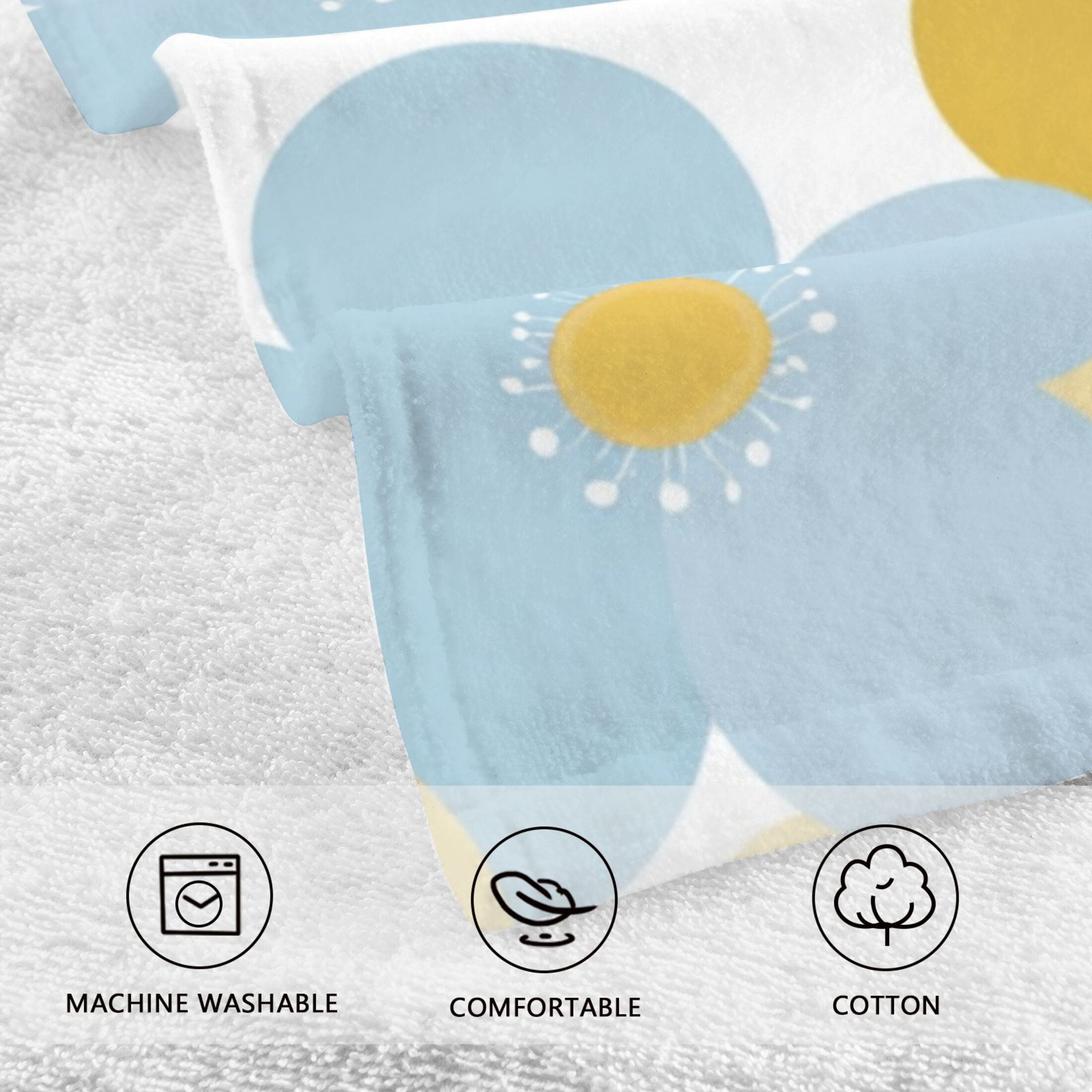 2-Pack Soft 100% Cotton & Highly Absorbent Bath Towel 2 Defferent Pattern Designs Flat Color Retro Flower Daisies on A Blue Background