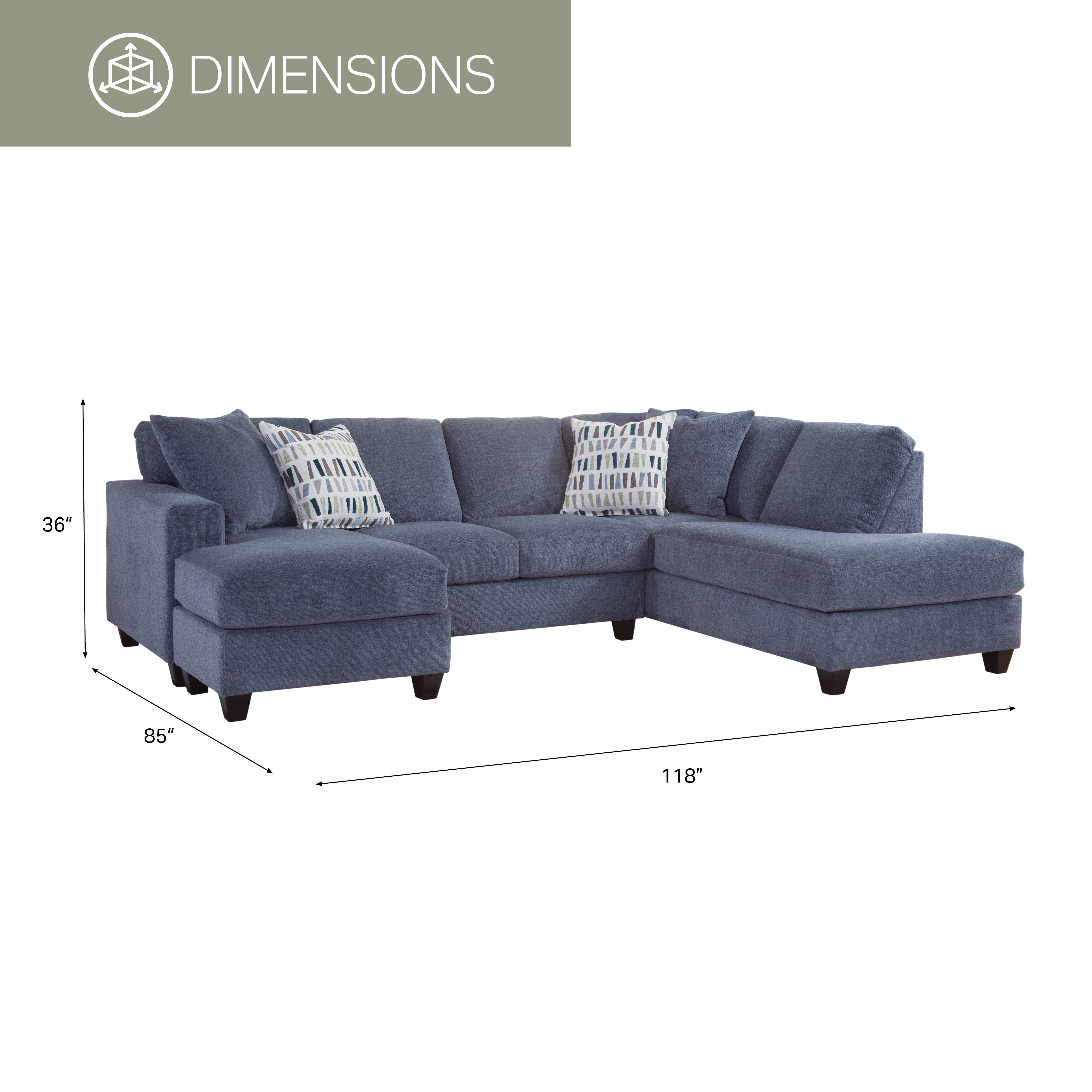 American Furniture Classics Transitional U-Shaped Sectional Sofa with 4 Throw Pillows, Blue - 2 Piece