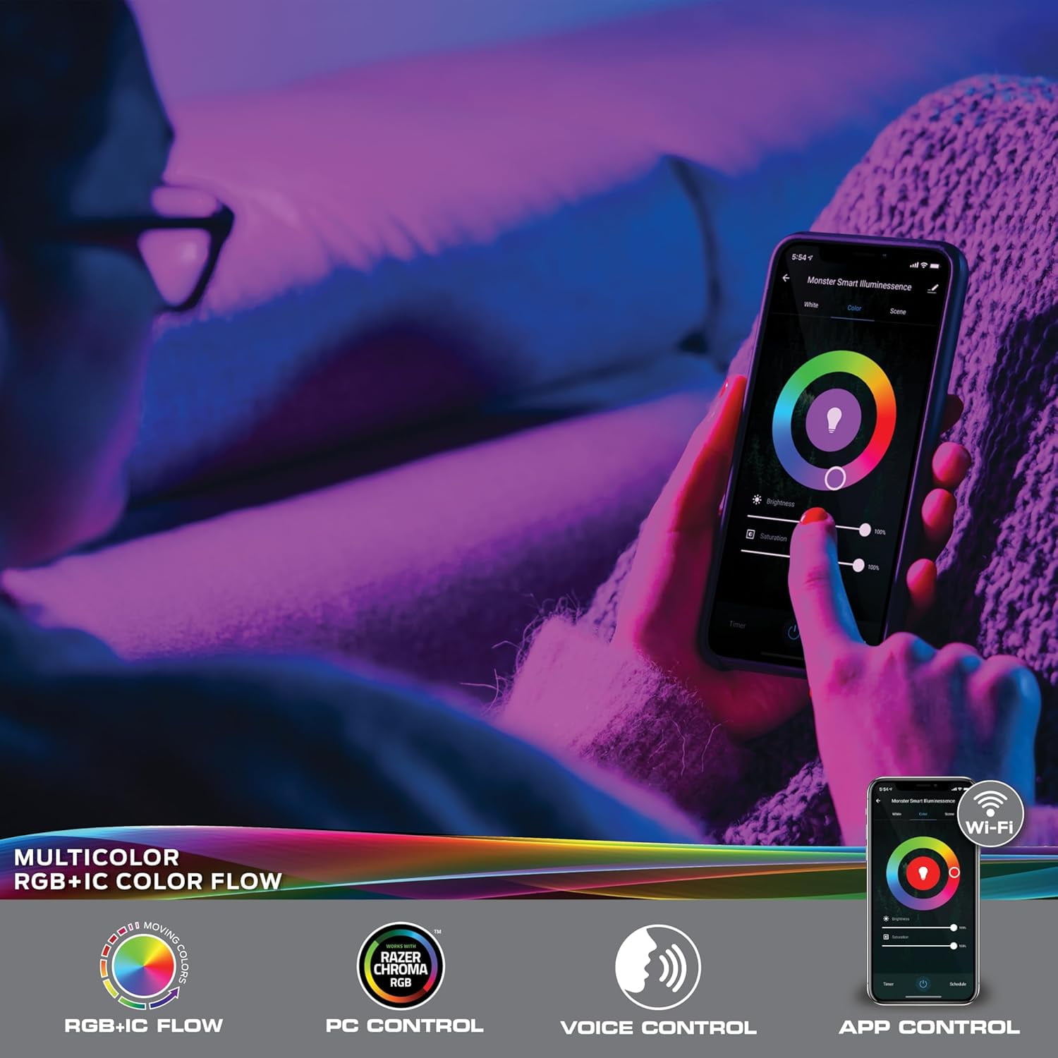 Monster Smart 100ft LED Strip Lights, Multicolor Flow LED Lights for Bedroom, Sound Reactive, App & Voice Control