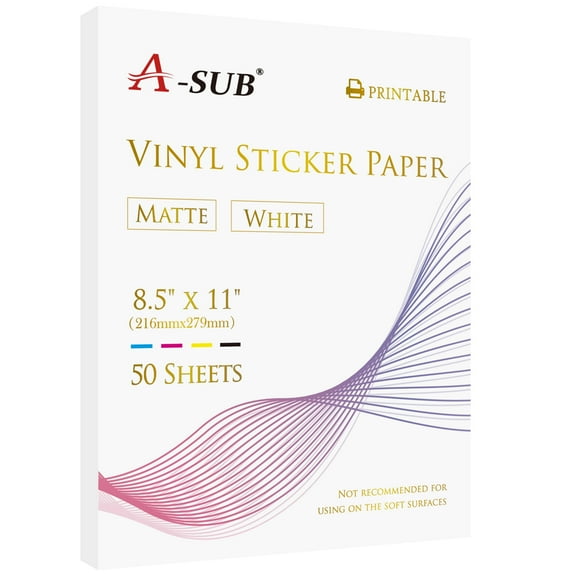 A-SUB Vinyl Sticker Paper for Inkjet Printer Matte White 50 Sheets Printable Waterproof Sticker Paper 8.5x11 for Decal, Stickers, Labels