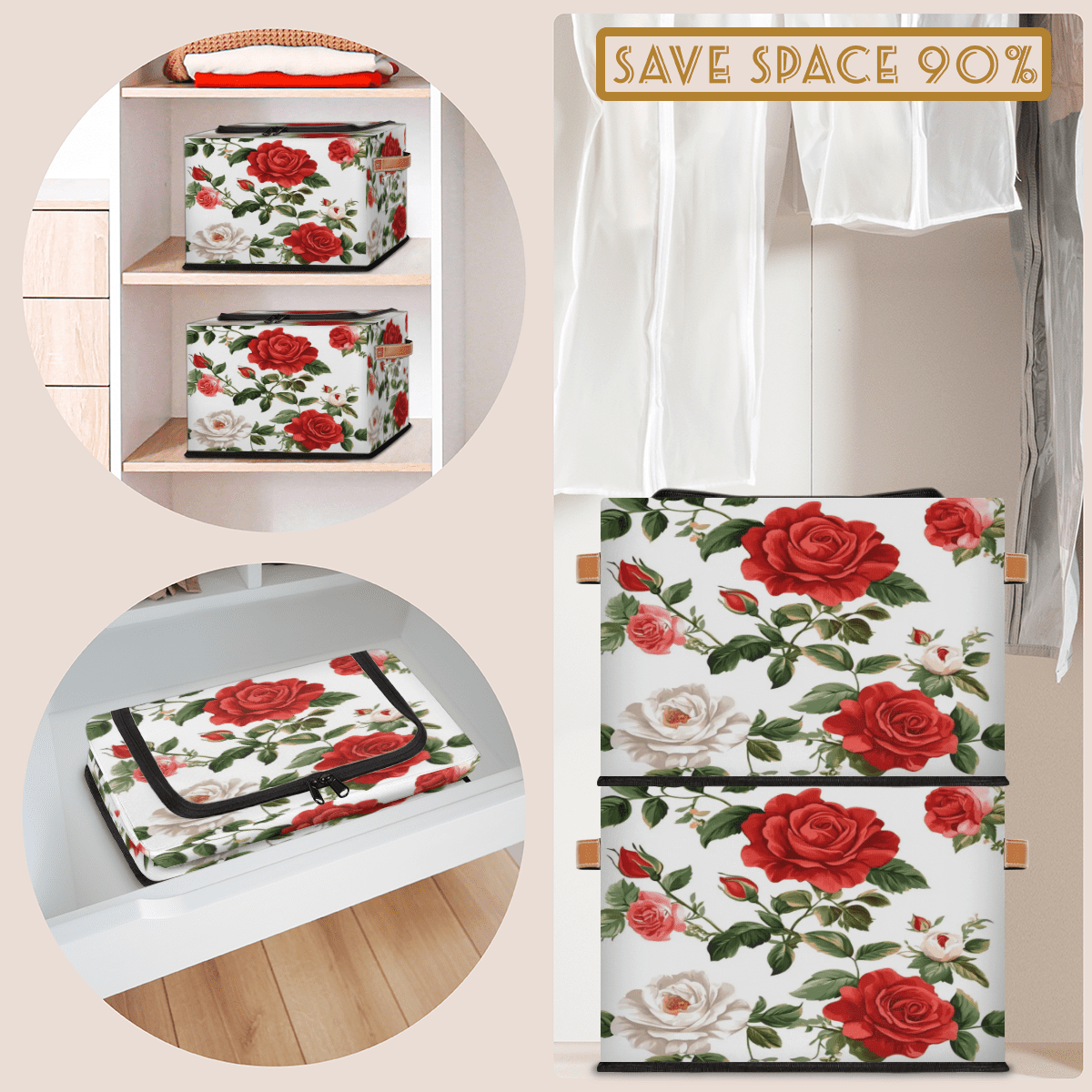 ADECORIVY Flowers Fabric Storage Bin with Lid, Decorative Closet Shelf Organizers, White Red Roses Foldable Basket Box Clothes Storage Bin with Handles