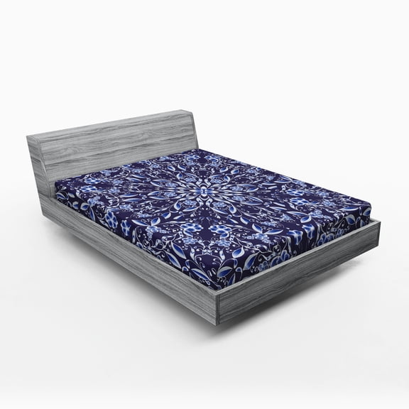 Ambesonne Winter Fitted Sheet, Chinese Style Floral Theme, Queen Size, Dark Violet Blue