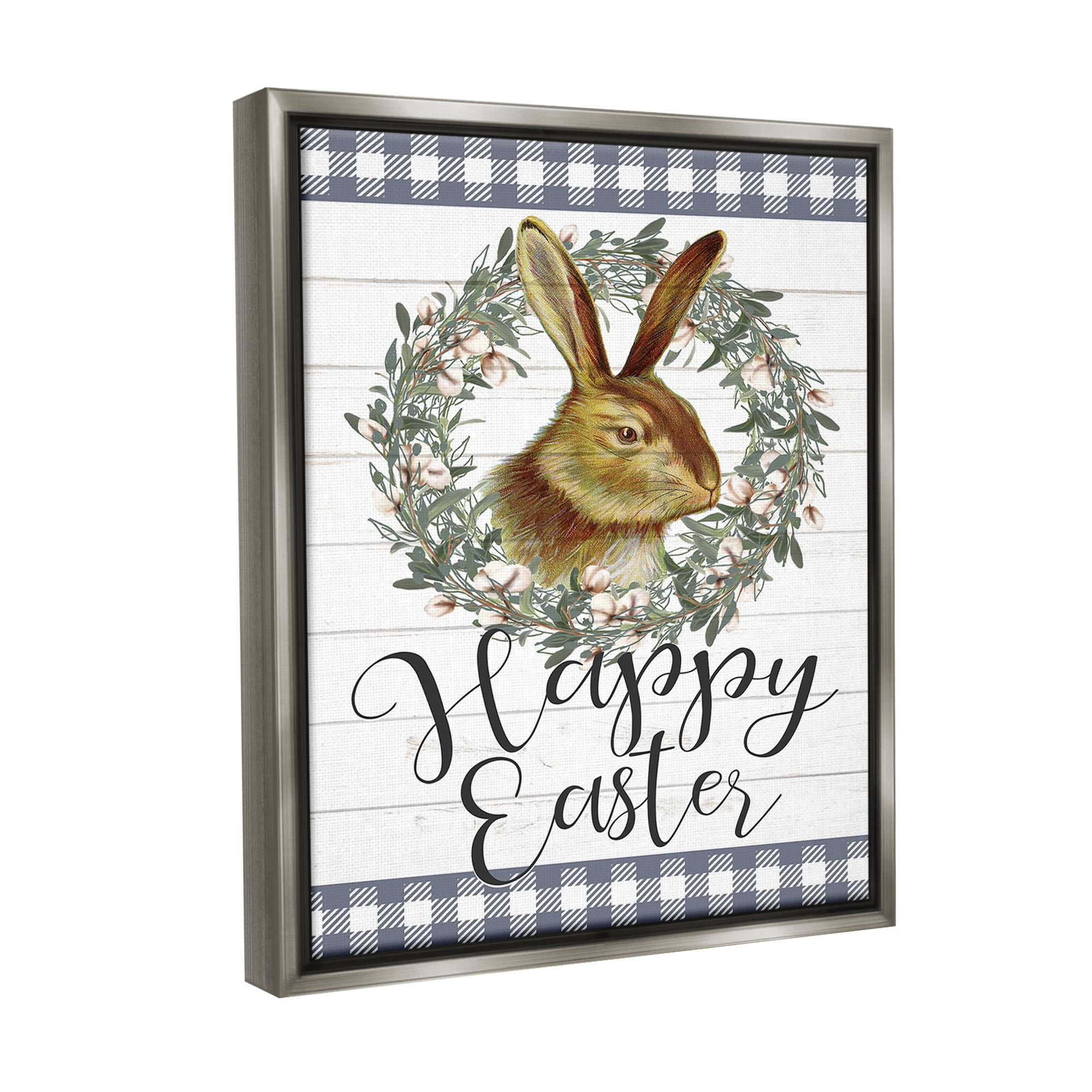 Stupell Industries Easter Bunny Wreath Phrase Holiday Painting Gray Floater Framed Canvas Art Print Wall Art, 25 x 31