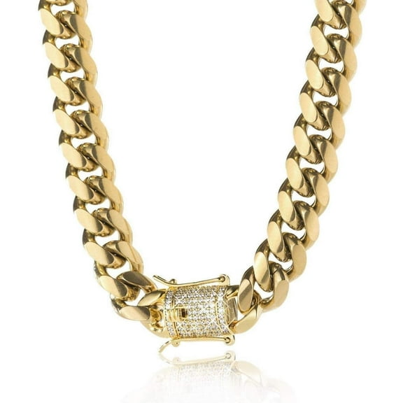 Leander 14K Gold-Plated Miami Cuban Chain, 316L Stainless Steel Necklace or Bracelet with Ice Diamond Clasp, Perfect for Men and Women (Christmas Gift)
