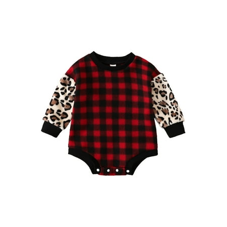 

Sunisery Toddler Baby Girls Christmas Romper Autumn Casual Long Sleeve Bodysuit Plaid Leopard Print Patchwork Jumpsuit