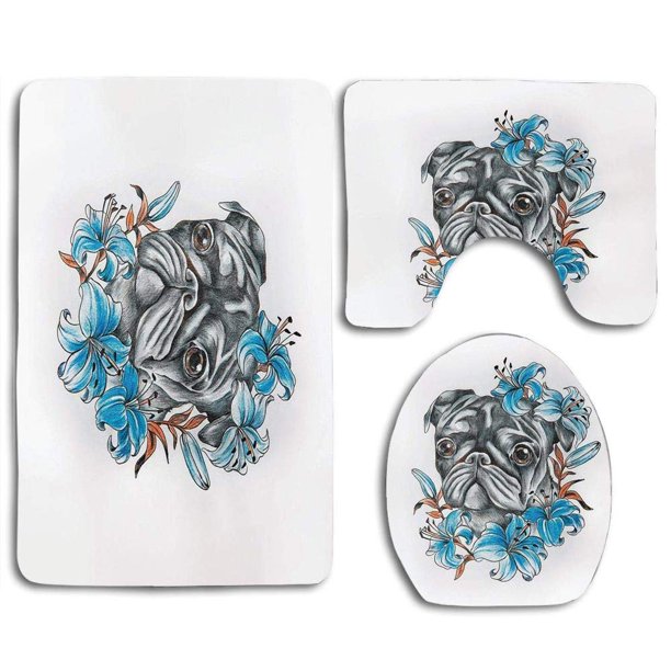 ABPHQTO Pug lindo perro cara arreglo floral hermosas flores diversión verde azulado gris Juego de alfombras de baño de 3 piezas Alfombra de baño Alfombra de contorno y tapa de inodoro