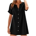 thumbnail image 3 of Feancey Casual Shirt Dresses for Women Linen Button Down Dress Summer Short Sleeve V Neck Mini Dresses Solid Color Flowy Beach Vacation Dress Black XL, 3 of 7