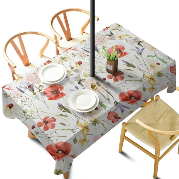 Outdoor Waterproof Tablecloth with Umbrella Hole and Zipper, Multicolored Flower Rectangle Reusable Durable Decor Table Cover for Party Picnic Patio 60×102 Inch