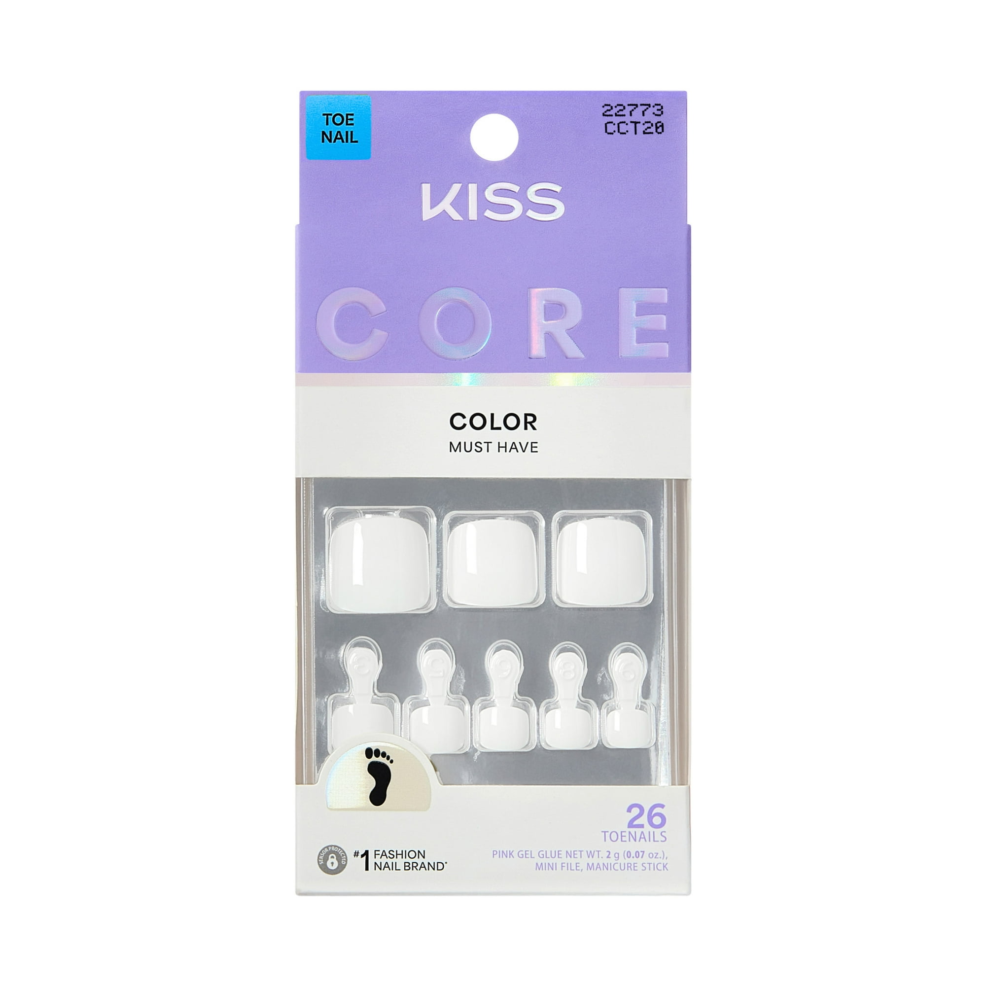 Kiss Core Color Short Squoval Press-On Toenails, White, 26 Pieces