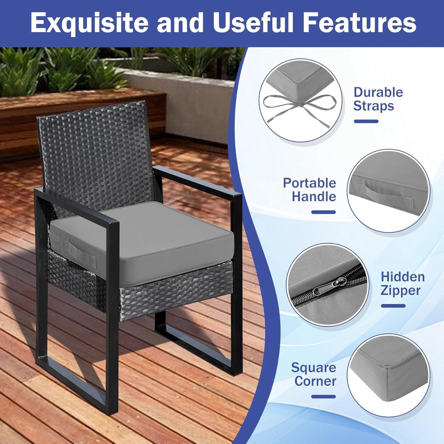 Patio Chair Cushions Set of 4, 19" x 19" x 3", Waterproof, Light Grey, with Handles and Ties