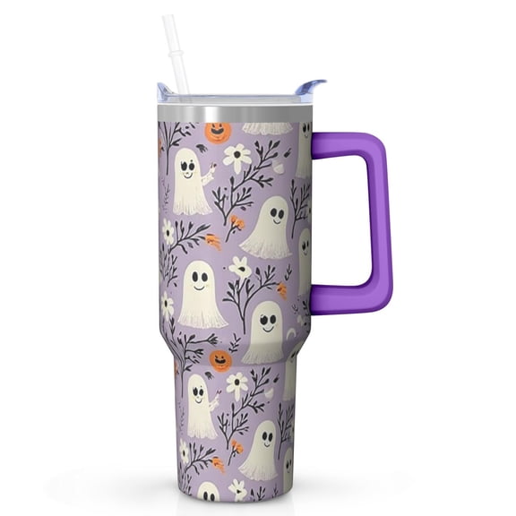 Halloween 40oz Insulated Tumbler with Handle and Straw Lid – Pumpkin Gift Travel Coffee Mug – Spooky Design
