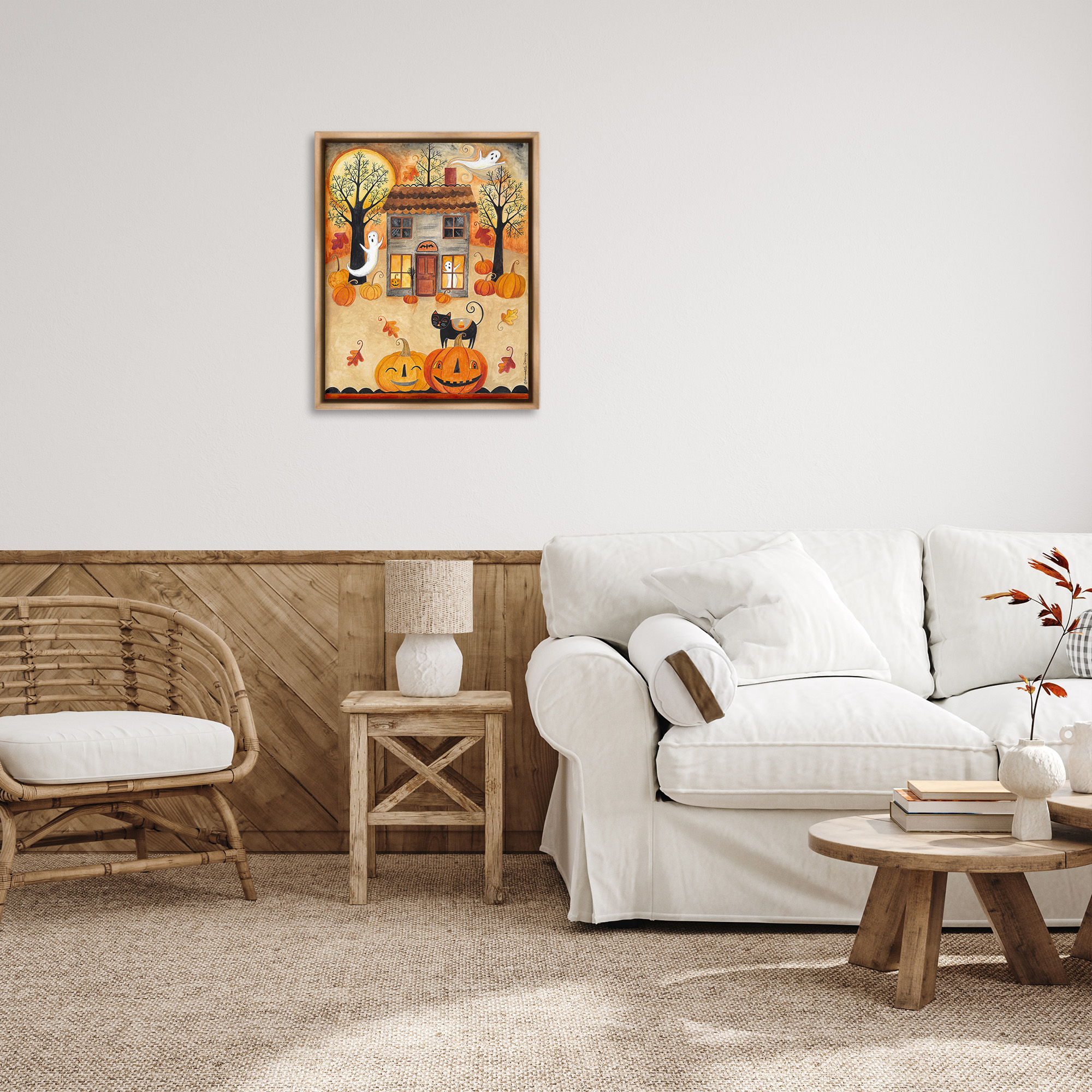Stupell Industries Ghosts on Halloween Night Holiday Painting Brown Floater Framed Canvas Art Print Wall Art, 25 x 31